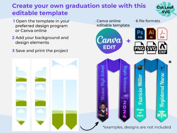 Canva graduation stole template 2026 — customizable ceremony sash printable for Etsy and print shops