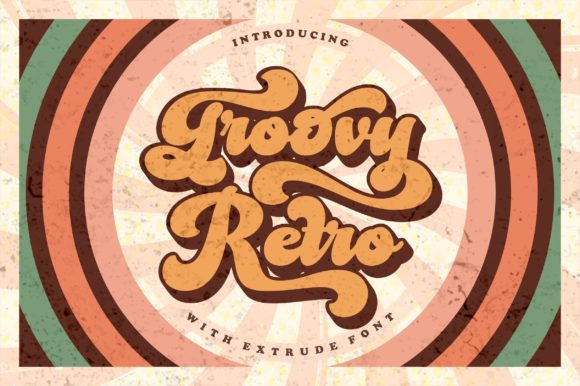 Showcase of Groovy Retro font on Creative Fabrica, featuring a playfully nostalgic vintage display typeface with custom swashes. Perfect for retro apparel design, funky Etsy logos, and aesthetic Canva layouts.