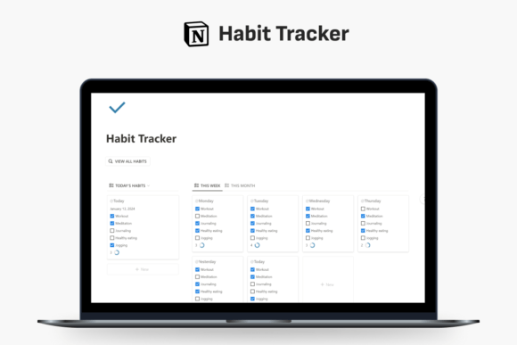 Habit Tracker Notion Template-Minimalist habit tracker dashboard inside Notion featuring daily, weekly, and monthly routine completion checklists.