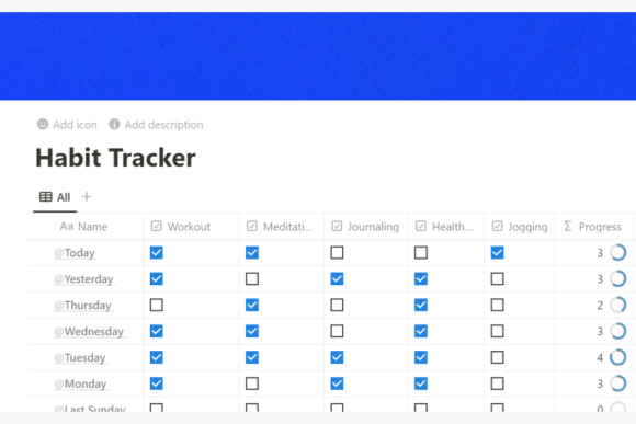 Habit Tracker Notion Template-Aesthetic habit log interface created with simple Notion templates showcasing automated visual progress bars.