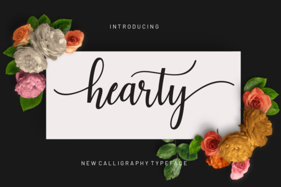 Showcase of Haearty typeface, a free flowing handwritten script font on Creative Fabrica. The image displays elegant cursive lettering, perfect for romantic quote graphics, lifestyle branding, and aesthetic Canva templates.