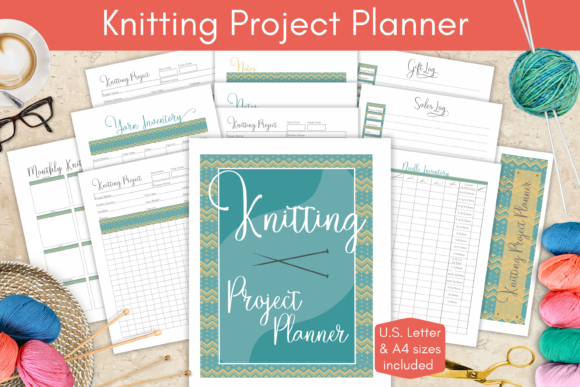 Charming knitting project planner showing yarn inventory logs, needle charts, and monthly knitting schedules.