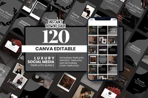 Luxury social media Canva templates bundle — elegant gold and dark Instagram designs on Creative Fabrica