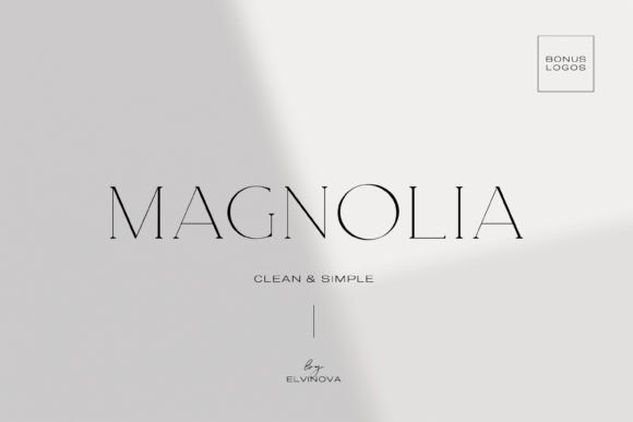 Showcase of Magnolia modern serif typeface on Creative Fabrica, featuring a clean all-caps feminine font with bonus template logos. Ideal for lifestyle branding, wellness KDP journals, and elegant Canva designs.