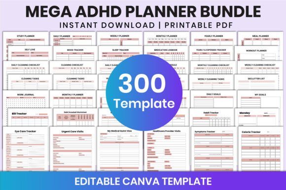 Mega ADHD planner bundle Canva template — focus and productivity layouts on Creative Fabrica