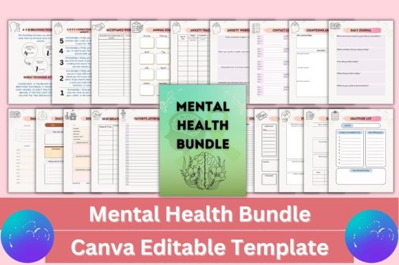 Canva mental health journal interior template for KDP featuring anxiety trackers, self-care planning pages, and doctor visit logs.