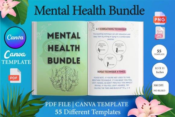 Massive 70 plus editable Canva planner bundle showcasing a wide variety of lifestyle, habit tracking, and wellness journal interiors.