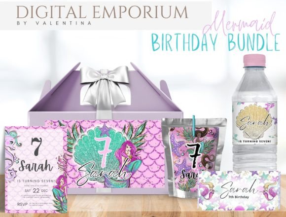 Mermaid Birthday Bundle Canva Templates-A cohesive collection of magical under-the-sea mermaid birthday party printables, showcasing matching text-editable invitations, juice box wraps, and favor labels side by side.