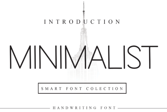 Showcase of Minimalist sans-serif font on Creative Fabrica, featuring a neat, thin, and elegant modern typeface displayed over a subtle Empire State Building graphic. Perfect for high-end lifestyle branding, clean Canva designs, and aesthetic planner layouts.