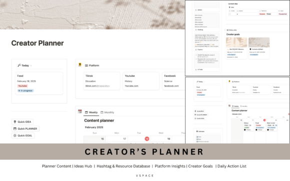 NOTION Creator's Planner-A clean, multi-platform creator planner dashboard using modern Notion templates, showing organized databases for daily action checklists, upcoming content calendars, and an ideas hub.