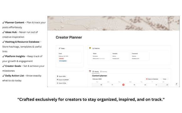 NOTION Creator's Planner-An aesthetic social media and blogging workspace built with functional Notion templates to track long-term brand goals, helpful resource libraries, and channel analytics insights.