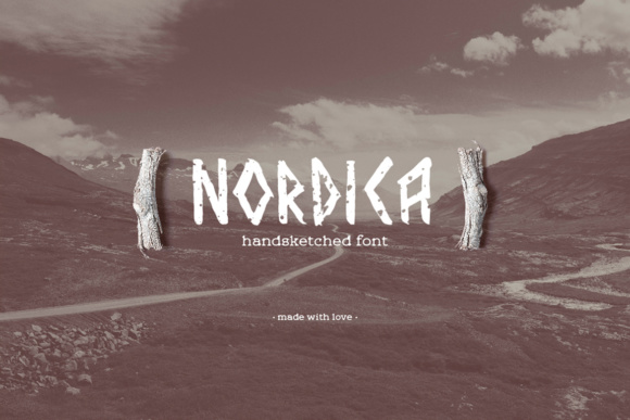 Showcase of Nordica runic style font on Creative Fabrica, featuring a modern sans-serif typeface with a strong Scandinavian touch. Perfect for unique typography posters, bold apparel text, and custom Canva branding.