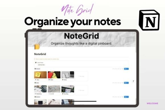 NoteGrid Notion Template-A visual digital pinboard layout using modern Notion templates, showcasing a drag-and-drop grid of color-coded sticky notes organized by creative topics and categories.