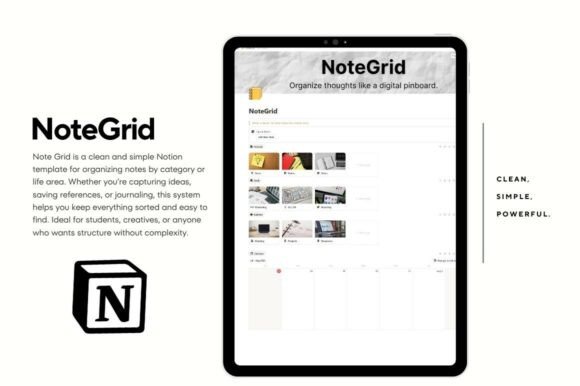 NoteGrid Notion Template-A flexible project brainstorming dashboard built with Notion templates, featuring a monthly planning calendar linked to visual notes, priority tags, and quick-note sections.