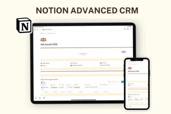 Notion Advanced CRM Template-Minimalist business dashboard built with clean Notion templates, showcasing an elegant setup for tracking active projects, mindfully managed daily tasks, and organized client data.