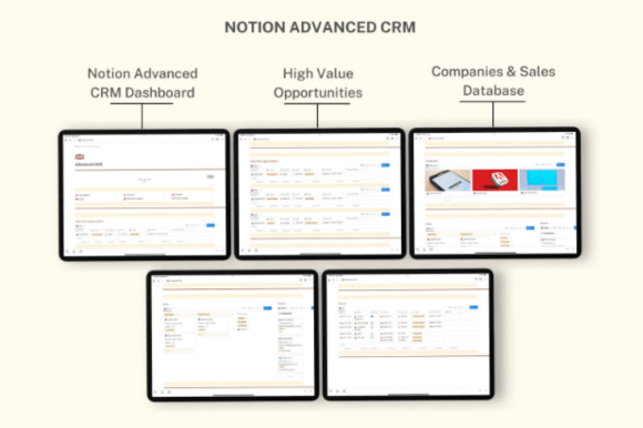Notion Advanced CRM Template-A chic and distraction-free Notion templates workflow for business owners, featuring customizable databases for client relationship management (CRM) and priority lists.