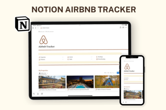 Notion Airbnb Tracker, Notion Template-Color-coordinated Airbnb tracker dashboard inside Notion with check-in schedules and property management databases.