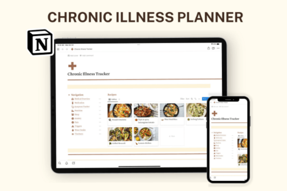 Notion Chronic Illness Planner-Comprehensive chronic illness tracker dashboard inside Notion with symptom logs and medical appointment calendars.