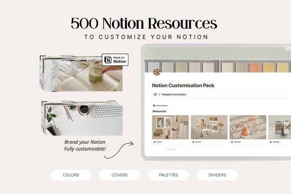 Notion Customisation Bundle-A collection of minimalist and aesthetic Notion templates covers, custom dividers, and brand color palettes displayed on a sleek digital workspace dashboard.
