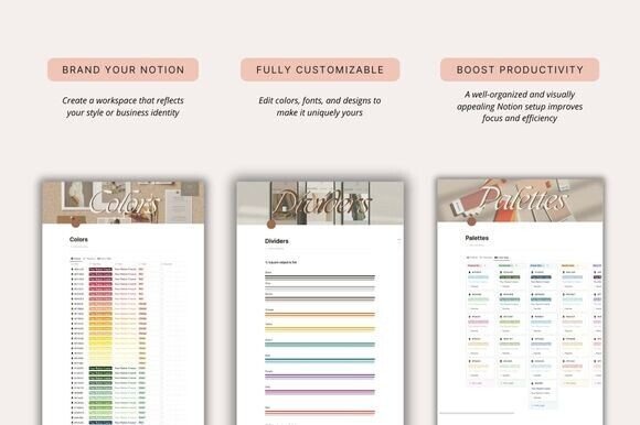 Notion Customisation Bundle-A collection of minimalist and aesthetic Notion templates covers, custom dividers, and brand color palettes displayed on a sleek digital workspace dashboard.