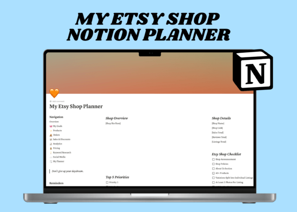 Notion Etsy Shop Dashboard Template-Ultimate Etsy shop planner dashboard inside Notion showing analytics tracking and product inventory sections.
