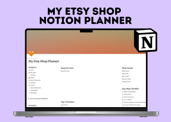 Notion Etsy Shop Dashboard Template-A comprehensive Etsy shop planner dashboard built with clean Notion templates, featuring organized databases for order tracking, product inventory, and keyword research.