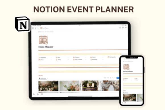 Notion Event Planner, Notion Template-A minimalist event planning dashboard using clean Notion templates, showcasing quick navigation links for guest lists, budget trackers, and vendor contacts.