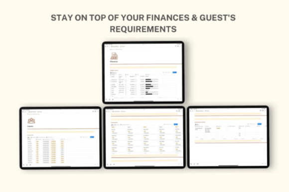 Notion Event Planner, Notion Template-An aesthetic light-mode wedding and event planner built with functional Notion templates, featuring structured databases for seating arrangements, venue checklists, and payment status tracking.