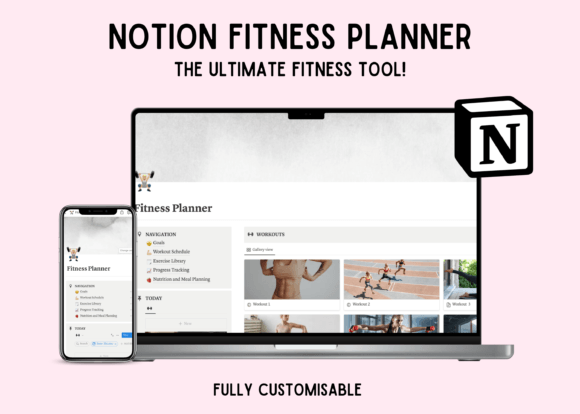 Notion Fitness Planner Template-Visual fitness and exercise planner inside Notion showing workout schedules, muscle group guides, and progress logs.