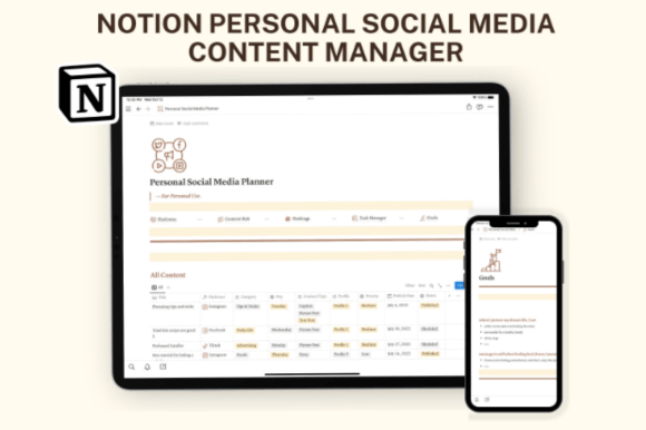 Notion Personal Social Media Planner-A minimalist light-mode social media planner dashboard using Notion templates, displaying clean columns for short-term goals, hashtag groups, and daily content hub management.
