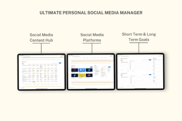 Notion Personal Social Media Planner-An aesthetic brand vision and task manager setup built with functional Notion templates, featuring structured databases for tracking creative projects and social media growth metrics.