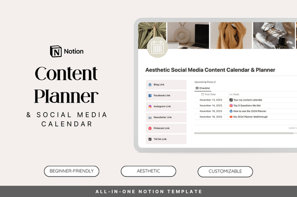 Notion Social Media Content Planner-A robust social media content calendar layout using modern Notion templates, showing dedicated columns for content pillars, keyword research data, and promotional funnel tracking.