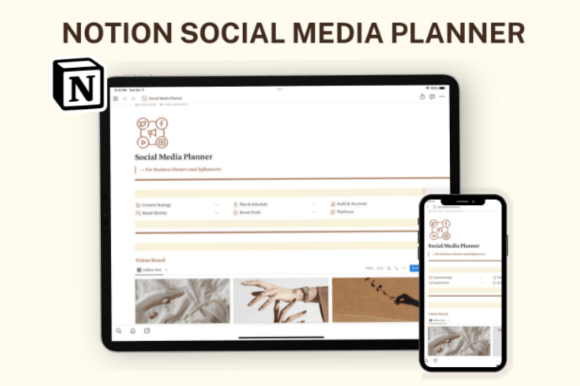 Notion Social Media Planner-A clean, light-mode social media management dashboard built with Notion templates, featuring databases for content strategy calendars, brand deal tracking, and daily tasks.