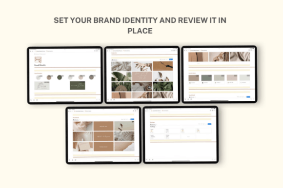 Notion Social Media Planner-An aesthetic brand identity planner layout using functional Notion templates to organize typography styles, color palettes, marketing mood boards, and business income logs.