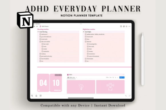Notion Template ADHD, Notion Life Plan-ADHD-friendly digital planner dashboard inside Notion featuring morning routines and minimal task checklists.