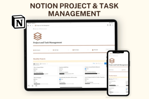Notion Template Business, Notion Planner - Minimalist and aesthetic Notion template dashboard featuring a pastel color-coordinated layout for project and task management.