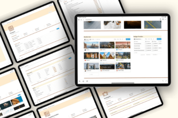 Notion Travel Planner, Notion Template-Aesthetic digital tour planner layout designed with clean Notion templates for packing lists and vacation research.