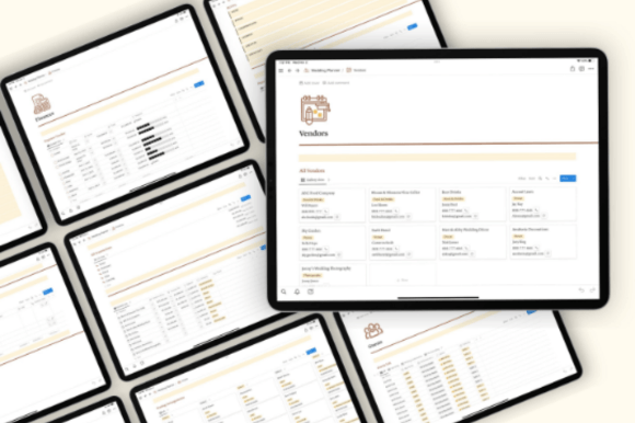Notion Wedding Planner Template-Chic digital event planner layout built with aesthetic Notion templates for tracking wedding countdowns and vendor payments.