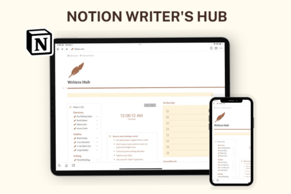 Notion Writer's Hub, Notion Template-Aesthetic digital novel planner and book project hub built with minimal Notion templates for authors.