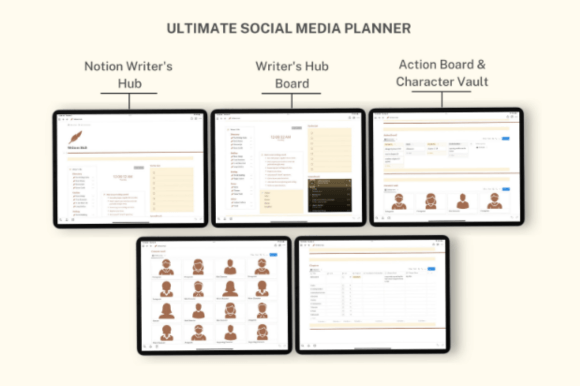 Notion Writer's Hub, Notion Template-Creative writer's dashboard inside Notion with sections for world-building, manuscripts, and 3-act story outlines.