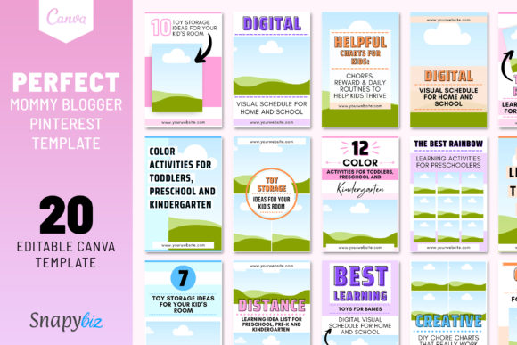 Perfect Mommy Blogger Pinterest Template-A preview of twenty vibrant and fun Mommy Blogger Pinterest pin templates with editable text headlines open inside Canva.