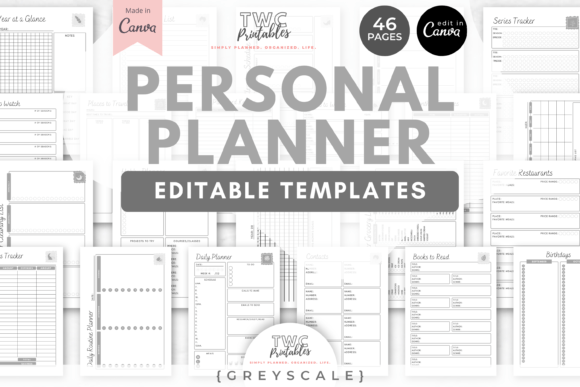 Personal Planner Canva Templates | GREYS-A beautiful layout of printable lifestyle planner pages in pastel purple and peach tones, showing daily schedules, habit trackers, and meal plans editable via Canva templates.