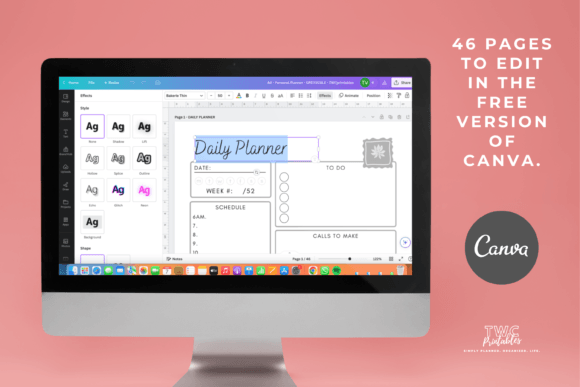 Personal Planner Canva Templates | GREYS-A desktop screen displaying the Canva workspace with an open A4 calendar page template, surrounded by printed examples of lifestyle and expense tracking sheets.