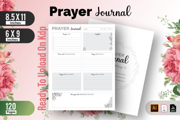 Daily prayer journal KDP interior layout featuring sections for scripture reading, prayer requests, and devotional reflection lines.