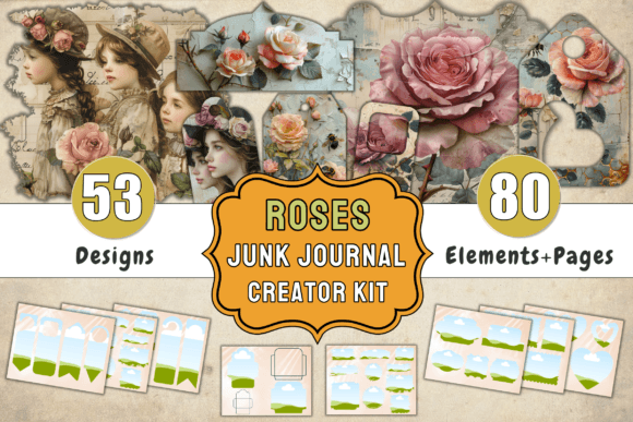 Roses Junk Journal Kit + Canva Templates-A beautiful layout of vintage-style roses junk journal printables, showcasing customizable botanical envelopes, tags, and floral collage pages inside the Canva editing space.