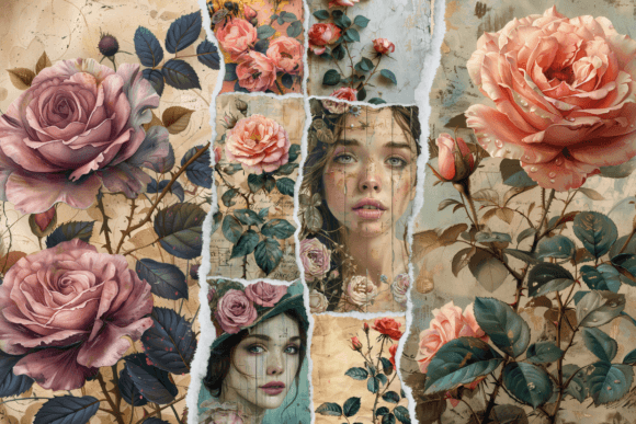 Roses Junk Journal Kit + Canva Templates-A collection of editable scrapbooking elements featuring digital rose patterns, ephemera tags, and printable pocket layouts created using creative Canva templates.