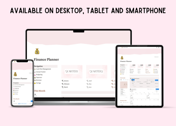 Small Business Finance Planner-Aesthetic bookkeeping and cash flow tracking layout inside Notion, showing annual expense reports and revenue channels.