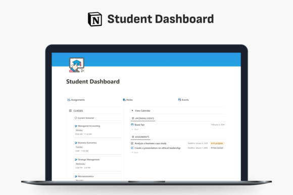 Student Dashboard Notion Template-Organized Notion student planner dashboard featuring class schedules, assignment trackers, and lecture notes.