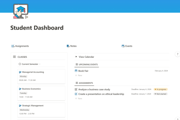 Student Dashboard Notion Template-Aesthetic digital academic planner layout created with functional Notion templates for college and high school students.