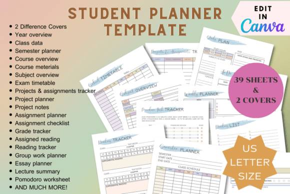 Comprehensive student planner template for Canva featuring assignment trackers, exam timetables, and grade logs.